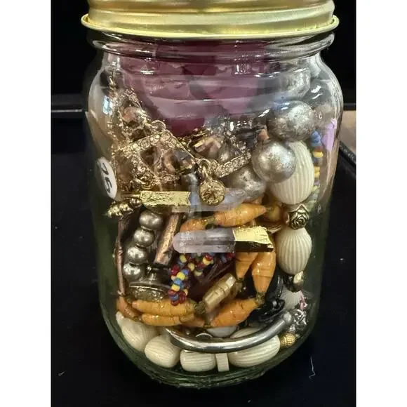 Jewelry Jar Wearable Lot Beads Necklaces Bracelets Earrings Vintage 16oz Jar - Picture 7 of 9